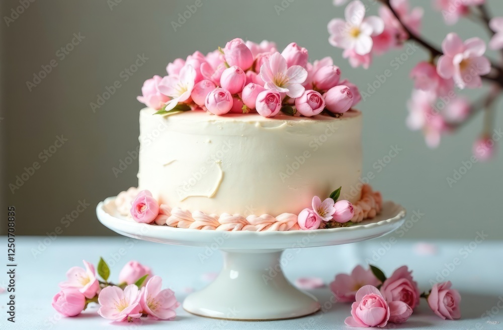 Easter cake with pink decor, Easter eggs, spring flowers, Easter symbols Easter cake with pink decor, Easter eggs, spring flowers, Easter symbols