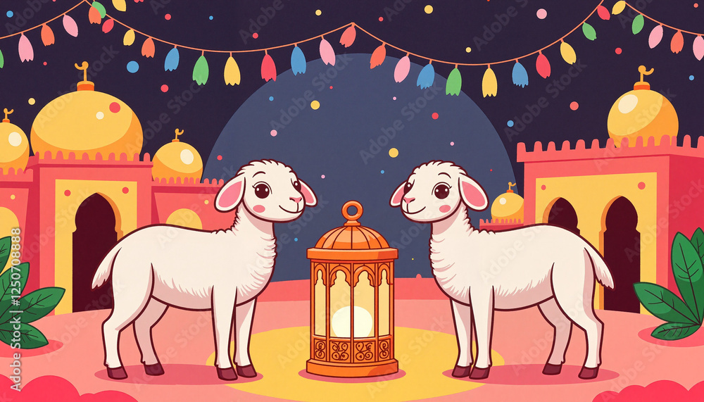 Obraz premium Playful sheep beside glowing lantern in vibrant town square, Eid al-Adha
