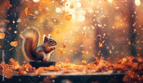 Cute fluffy squirrel sitting against the background of fall foliage. Postcard with space for copying text. photo