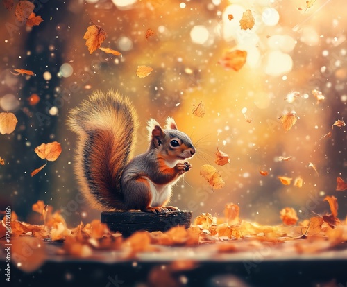 Cute fluffy squirrel sitting against the background of fall foliage. Postcard with space for copying text. photo