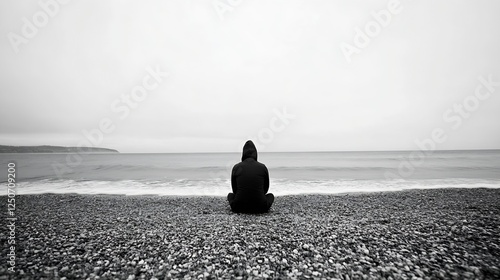 Silhouetted Figure in a Hooded Jacket Sitting on a Pebbly Beach with Calm Ocean : Generative AI photo