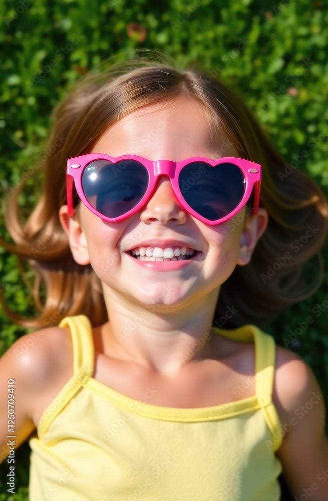 child on grass in heart sunglasses enjoying summer day child on grass in heart sunglasses enjoying summer day