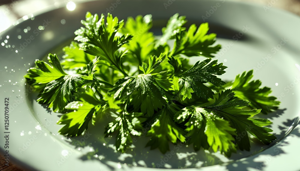 Fresh Parsley Sprigs on White Plate, Culinary Herb Ingredient Fresh Parsley Sprigs on White Plate, Culinary Herb Ingredient