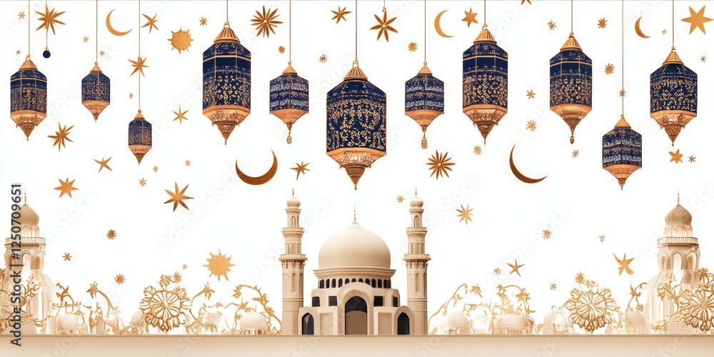 Minimalist lanterns suspended with crescent moons, stars, casting soft illumination near mosque silhouette, evoking peaceful ramadan festive ambiance