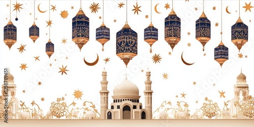 Obraz na płótnie Minimalist lanterns suspended with crescent moons, stars, casting soft illumination near mosque silhouette, evoking peaceful ramadan festive ambiance w salonie