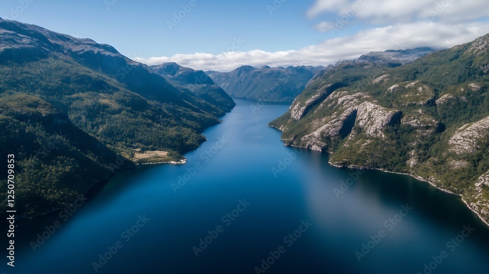 Stunning aerial view of a tranquil fjord surrounded by majestic mountains under a clear blue sky : Generative AI Stunning aerial view of a tranquil fjord surrounded by majestic mountains under a clear blue sky : Generative AI