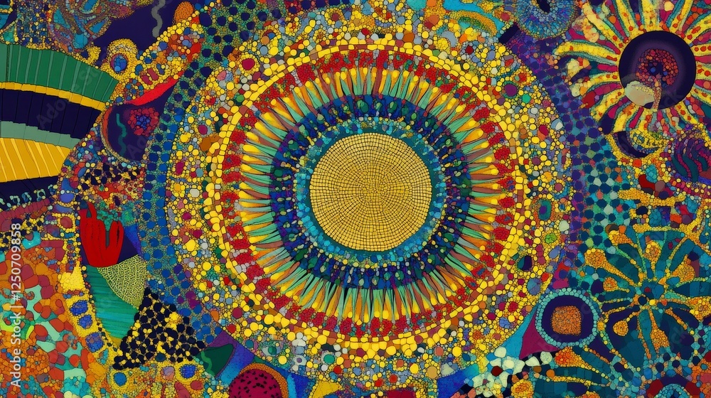 A vibrant mosaic artwork, showcasing intricate cellular designs, detailed botanical forms, and a complex microcosm of nature's beauty. A vibrant mosaic artwork, showcasing intricate cellular designs, detailed botanical forms, and a complex microcosm of nature's beauty.