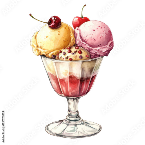 A colorful ice cream sundae topped with cherries and sprinkles in a classic glass dish.