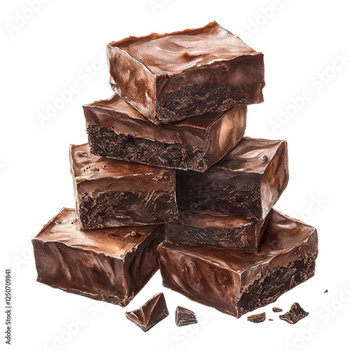 A stack of rich, chocolate fudge squares with a glossy surface, showcasing layers and a decadent appearance.
