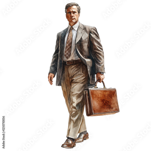 A business professional confidently walks while holding a briefcase, dressed in a formal suit and tie, exuding authority and sophistication.