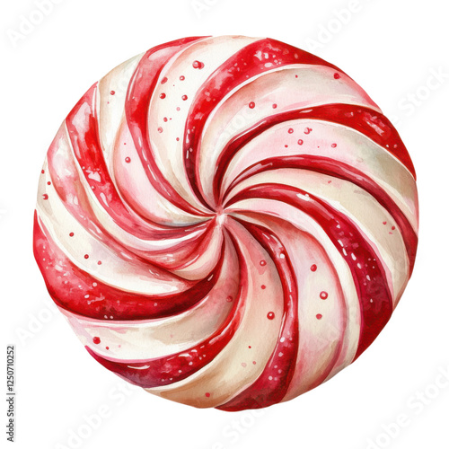 A festive, spiral candy with red and white stripes, featuring a glossy finish and dotted texture.