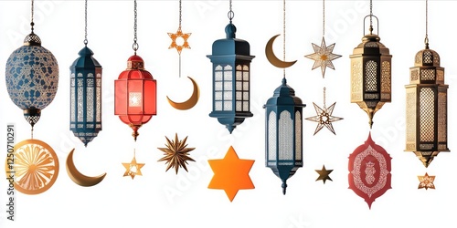 Colorful hanging lanterns with intricate metalwork, featuring star and crescent moon cutouts, illuminating traditional islamic celebration decorations