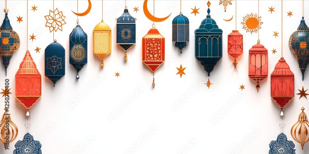 Minimalist white background showcasing golden adorned arabic lanterns, hanging with delicate decorative moons and stars, evoking festive ramadan ambiance