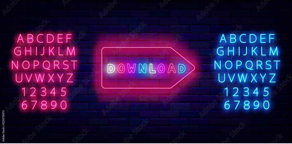 Download neon emblem with arrow frame. Glowing advertising. Online typography. Vector stock illustration Download neon emblem with arrow frame. Glowing advertising. Online typography. Vector stock illustration