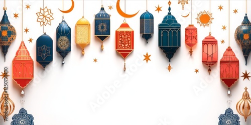 Obraz na płótnie Minimalist white background showcasing golden adorned arabic lanterns, hanging with delicate decorative moons and stars, evoking festive ramadan ambiance w salonie