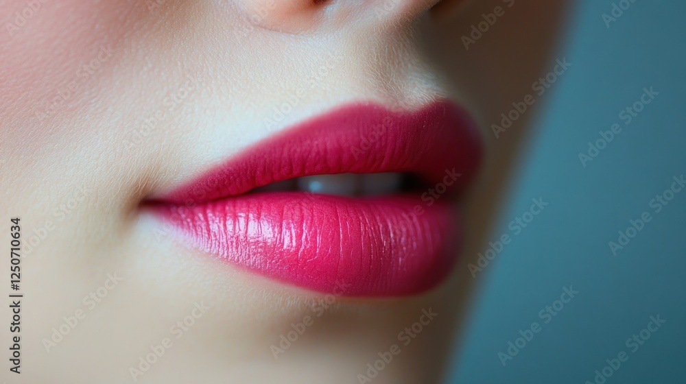 Fototapeta premium Close-up of luscious pink lips with glossy lipstick for beauty concept