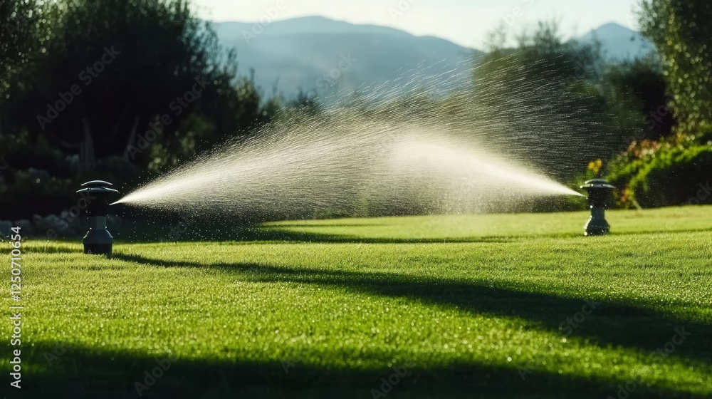 Pop up sprinklers spraying water across verdant golf course lawn during golden hour, maintaining pristine green landscape under warm evening light
