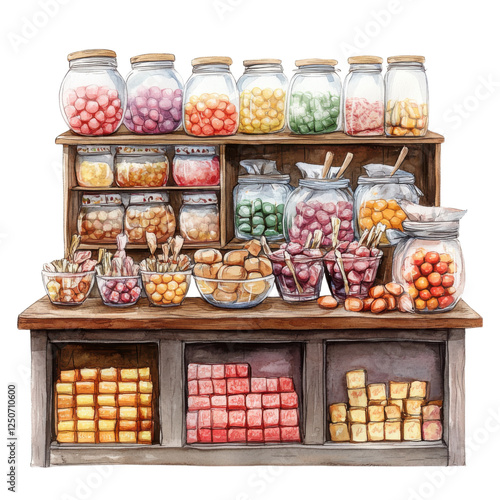 A colorful display of jars filled with assorted candies arranged neatly on a wooden shelf.
