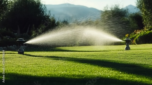 Obraz na płótnie Pop up sprinklers spraying water across verdant golf course lawn during golden hour, maintaining pristine green landscape under warm evening light w salonie