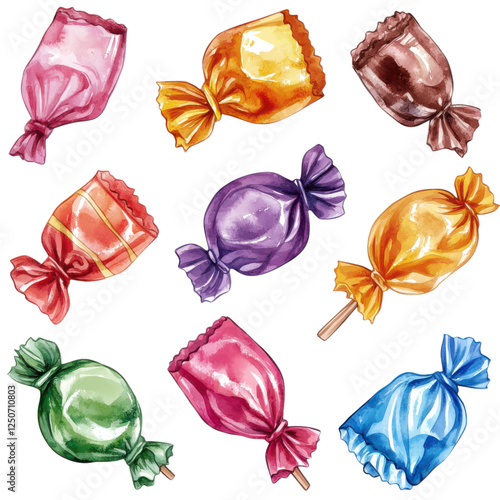 Colorful wrapped candies in various shapes and sizes, showcasing bright hues and playful designs.