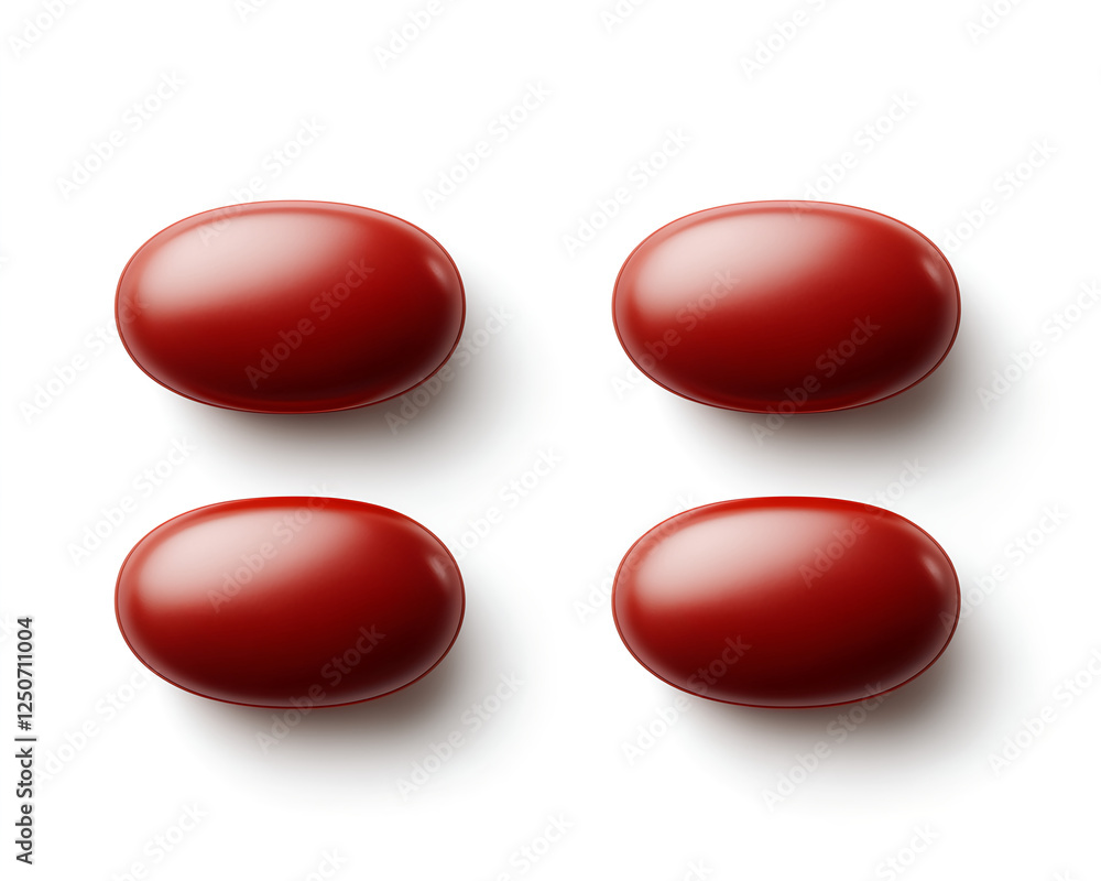 Red beans, realistic photo style, white background, no shadows, top view. The red bean is oval and smooth in shape with soft edges. It has a deep color that gives it an elegant appearance. This Red beans, realistic photo style, white background, no shadows, top view. The red bean is oval and smooth in shape with soft edges. It has a deep color that gives it an elegant appearance. This