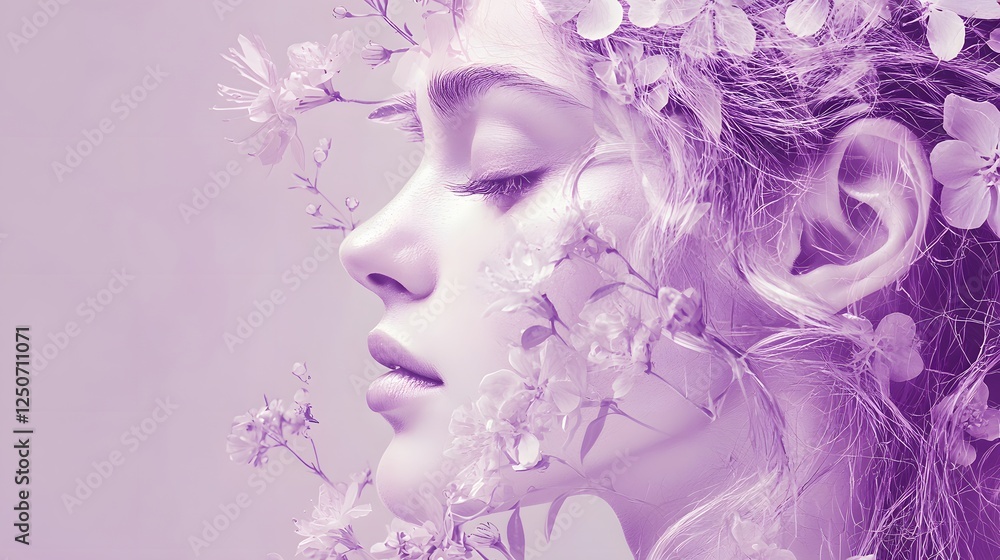 68. A peaceful image of Persephone with flowers blooming around her on a light pastel violet background 68. A peaceful image of Persephone with flowers blooming around her on a light pastel violet background