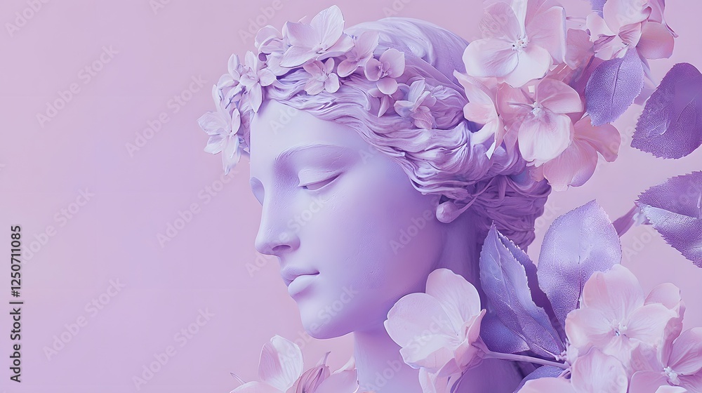 68. A peaceful image of Persephone with flowers blooming around her on a light pastel violet background 68. A peaceful image of Persephone with flowers blooming around her on a light pastel violet background