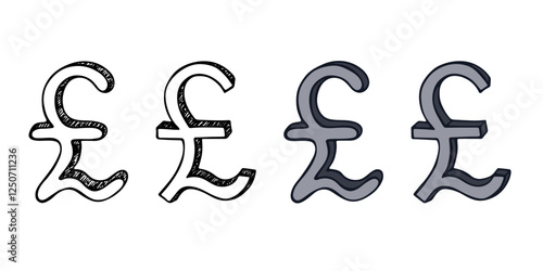 Hand drawn british pound currency symbol set Brush stroke doodle Single element for design