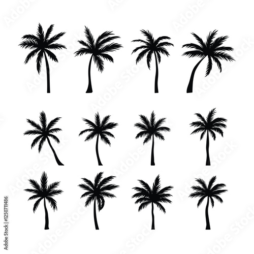 Black palm tree set vector illustration isolated on white background silhouette art black white stock illustration logo icon png. tropical, beach, landscape, pattern, paradise, coconut background