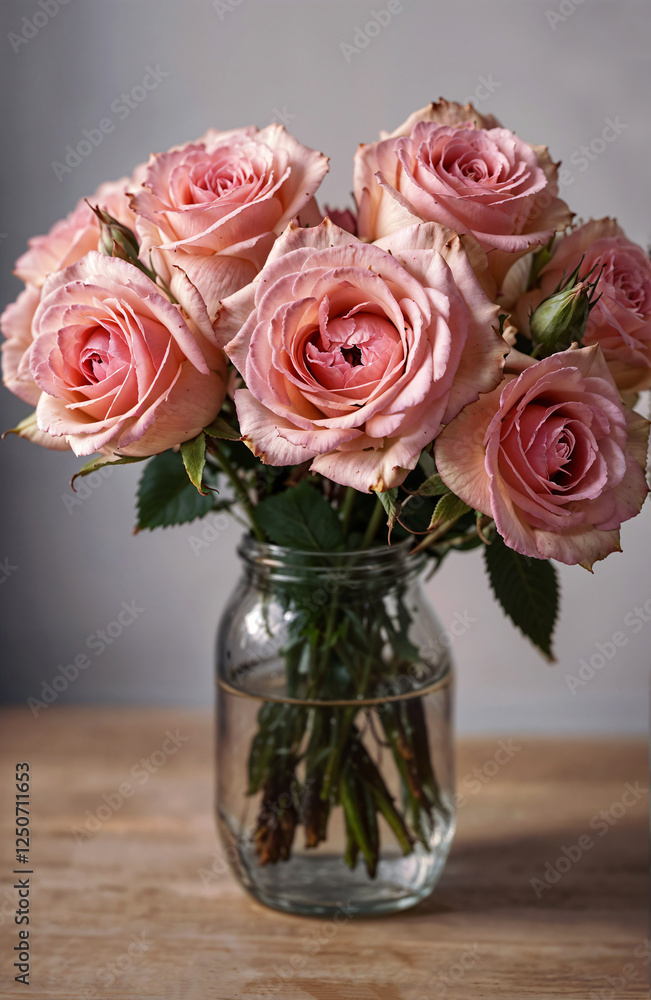Stunningly Beautiful Pink Roses Artistically Arranged in a Glass Jar on a Wooden Background Stunningly Beautiful Pink Roses Artistically Arranged in a Glass Jar on a Wooden Background