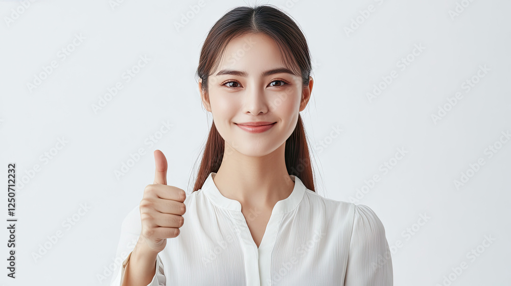 A photograph features an Asian woman with fair skin and long dark hair tied back, wearing a navy blue blouse with long sleeves. She stands against a plain white background, smiling warmly, and giving A photograph features an Asian woman with fair skin and long dark hair tied back, wearing a navy blue blouse with long sleeves. She stands against a plain white background, smiling warmly, and giving