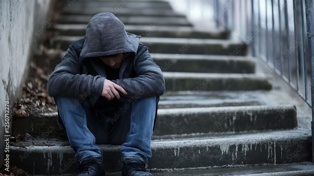 Young man in hoodie sitting on stairs looking down in a moment of distress in urban setting : Generative AI Young man in hoodie sitting on stairs looking down in a moment of distress in urban setting : Generative AI