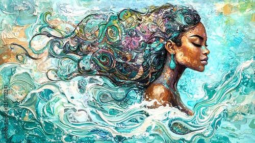 84. A colorful depiction of Yemaya surrounded by ocean waves on a pastel turquoise and white backdrop