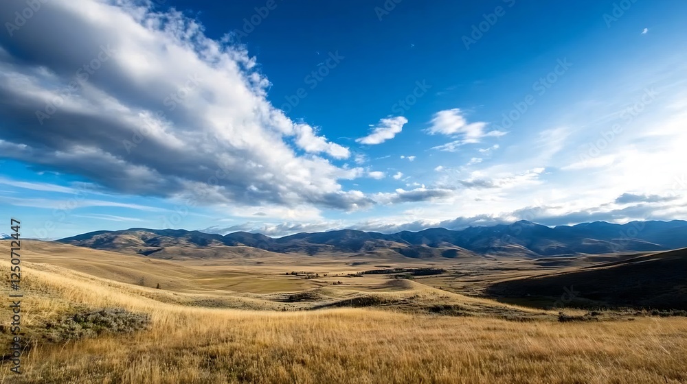 Expansive rural landscape with golden grass under a bright blue sky and dramatic clouds in the distance : Generative AI Expansive rural landscape with golden grass under a bright blue sky and dramatic clouds in the distance : Generative AI