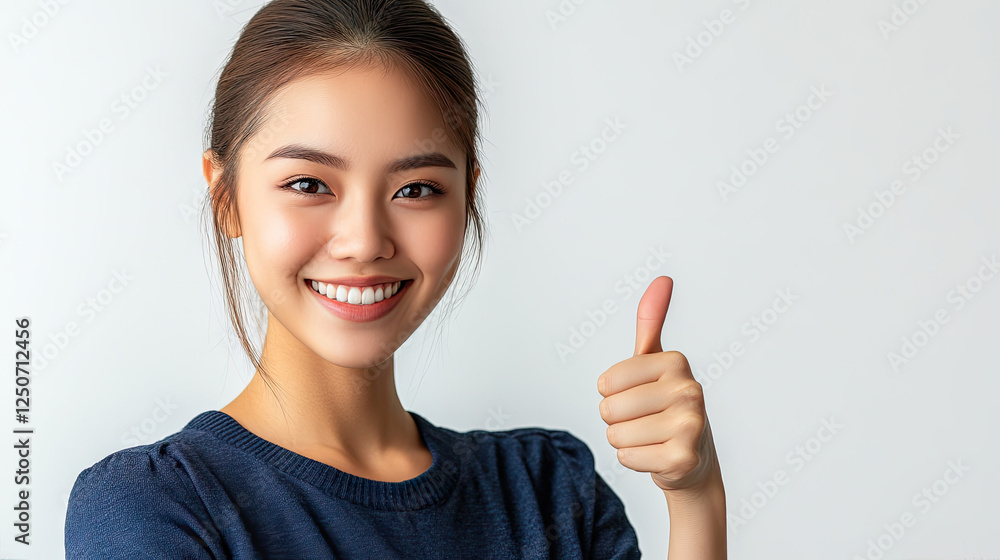 A photograph features an Asian woman with fair skin and long dark hair tied back, wearing a navy blue blouse with long sleeves. She stands against a plain white background, smiling warmly, and giving A photograph features an Asian woman with fair skin and long dark hair tied back, wearing a navy blue blouse with long sleeves. She stands against a plain white background, smiling warmly, and giving
