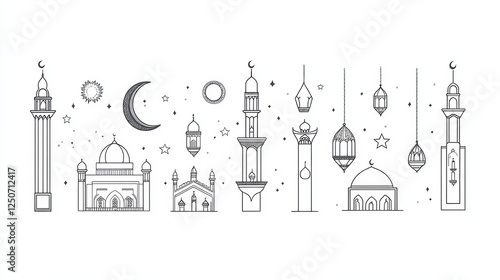Ramadan Kareem greeting cards, line Quran book and Muslim mosque, vector crescent moon with stars and Arabian lanterns. Islam religious holiday Ramadan Kareem banners in line art with Muslim symbols