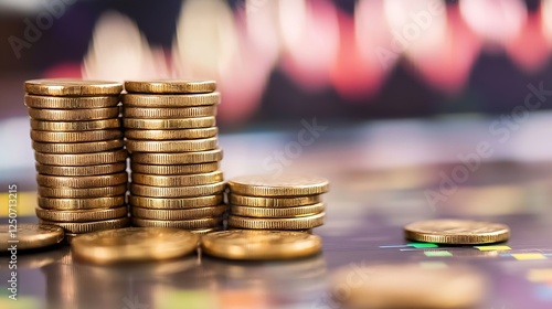 Closeup view of shiny gold coins stacked high on a surface with blurred lights in the background : Generative AI photo