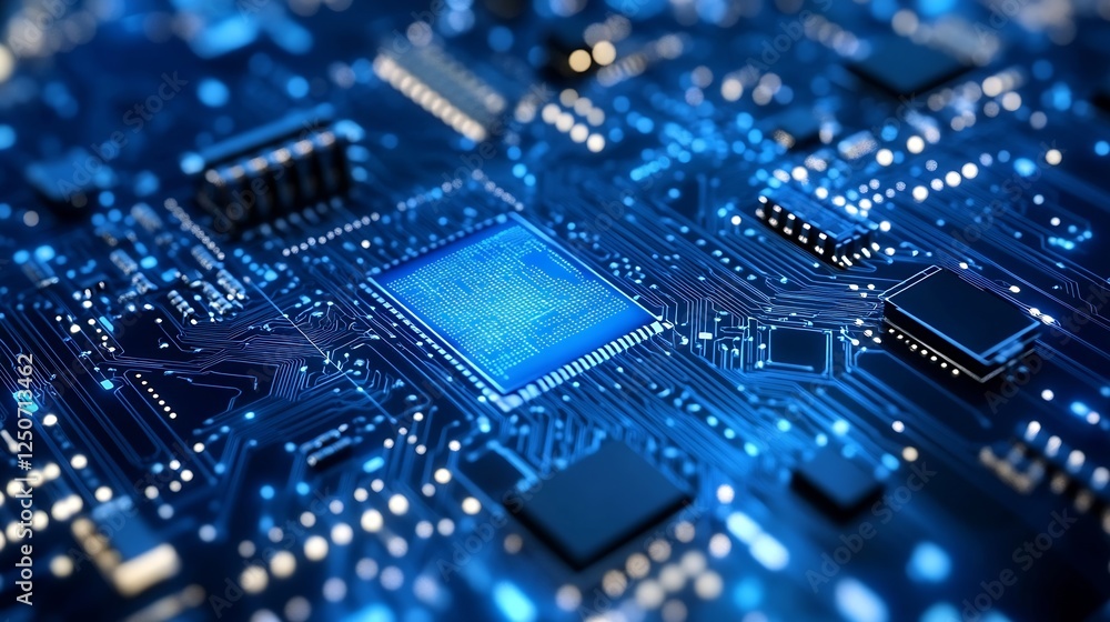 Close up view of a complex blue circuit board showcasing intricate electronic components and glowing connections : Generative AI Close up view of a complex blue circuit board showcasing intricate electronic components and glowing connections : Generative AI