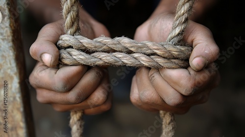 Hands Gripping Thick Rope Tightly Highlighting Strength and Endurance in a Close Up : Generative AI photo