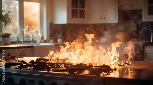 Dramatic cinematic shot of a gas stove bursting into flames with the fire rapidly spreading across the kitchen counter creating a hazardous and perilous situation photo