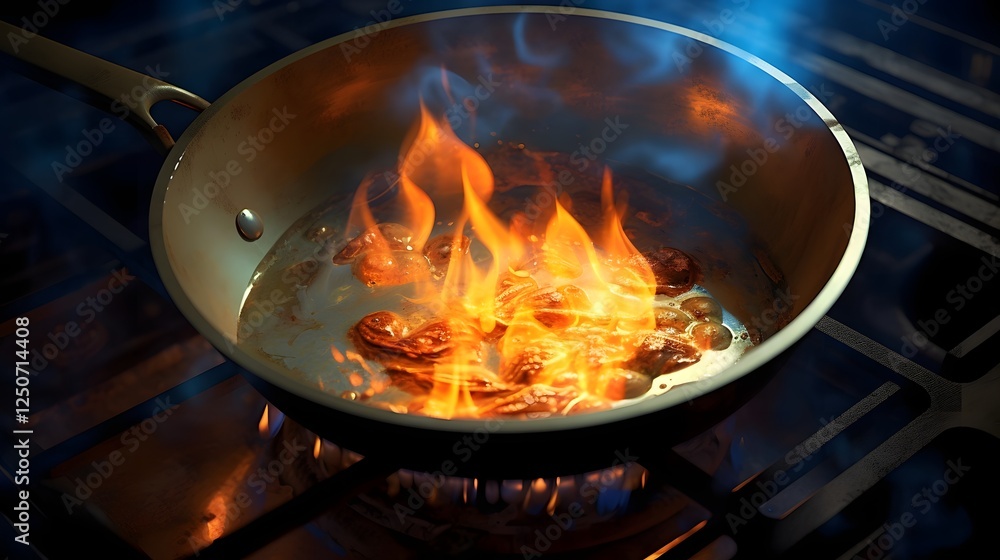 Burning frying pan on a gas stove with spreading oil fire and reflections of flames Kitchen fire hazard concept with dangerous household accident in a domestic cooking setting Burning frying pan on a gas stove with spreading oil fire and reflections of flames Kitchen fire hazard concept with dangerous household accident in a domestic cooking setting