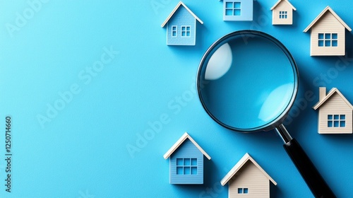 Magnifying glass examining miniature houses on blue background, property search concept