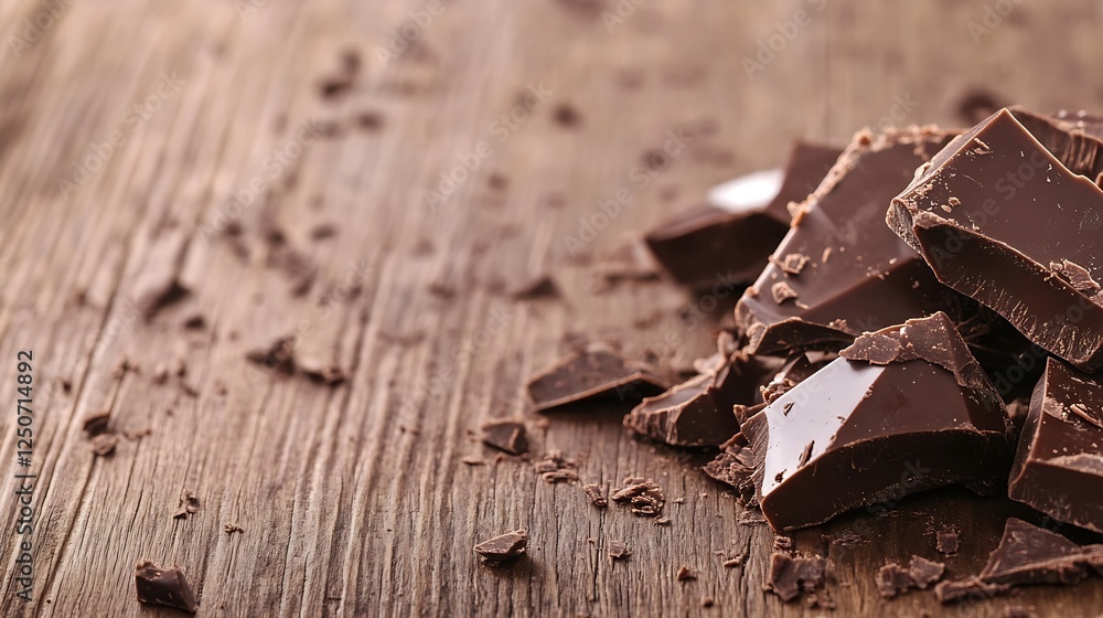 Delicious pieces of dark chocolate broken on a rustic wooden table ready for desserts and treats : Generative AI Delicious pieces of dark chocolate broken on a rustic wooden table ready for desserts and treats : Generative AI
