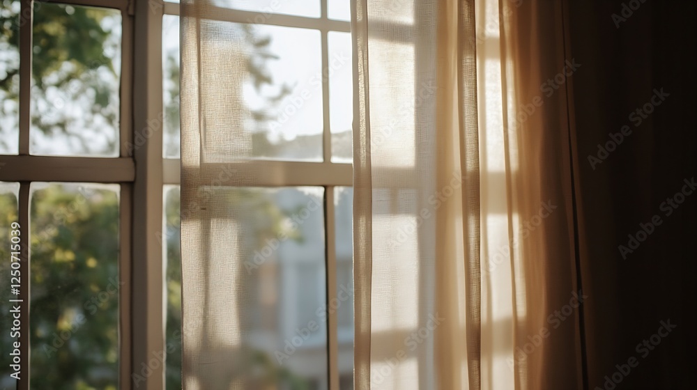 Fototapeta premium Soft sunlight filtering through sheer curtains creating a serene home atmosphere : Generative AI