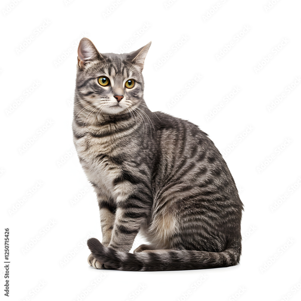 Obraz premium Gray Tabby Cat Sitting Isolated on White Background
