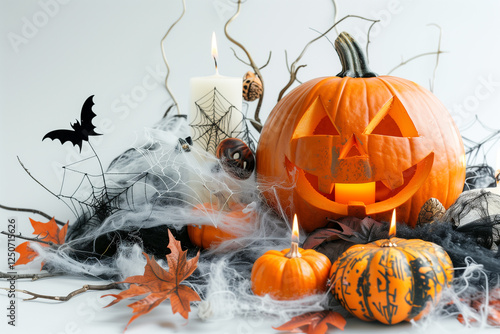 An arrangement of spooky Halloween decorations including a carved pumpkin, candles, and cobwebs, set against a white background. photo