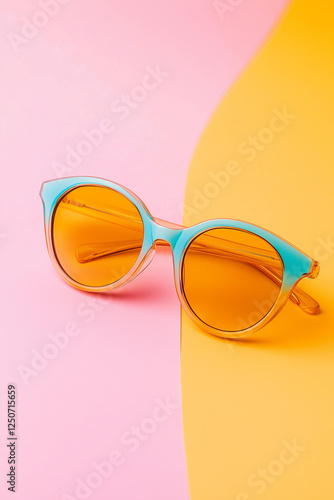 A pair of stylish round sunglasses with a golden frame resting on a vibrant geometric background, featuring bold yellow, soft pink, and cool blue tones.   photo