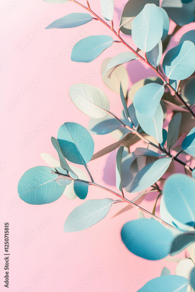 closeup photo of eucalyptus branch with soft, pastel blue-green leaves against a delicate pink background. The leaves have a smooth, matte texture with intricate veins subtly visible. closeup photo of eucalyptus branch with soft, pastel blue-green leaves against a delicate pink background. The leaves have a smooth, matte texture with intricate veins subtly visible.