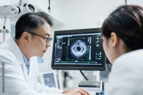 An asian ophthalmologist in a white coat discusses an eye examination with a female patient in a medical office, using advanced diagnostic equipment for vision care.