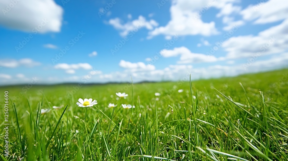 Closeup view of a grassy field filled with white daisies under a bright blue sky dotted with soft clouds : Generative AI Closeup view of a grassy field filled with white daisies under a bright blue sky dotted with soft clouds : Generative AI